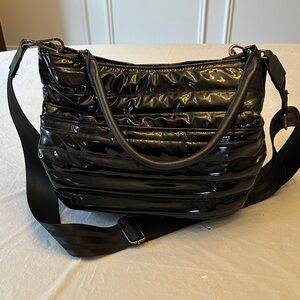 Think Royln “U” Messenger with Two Straps Monterey Black Patent Quilted Bag
